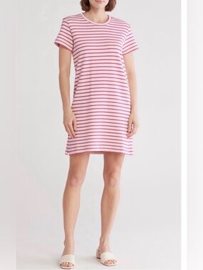 Splendid Whitney Stripe Terry Dress XS Pink White Crewneck Casual